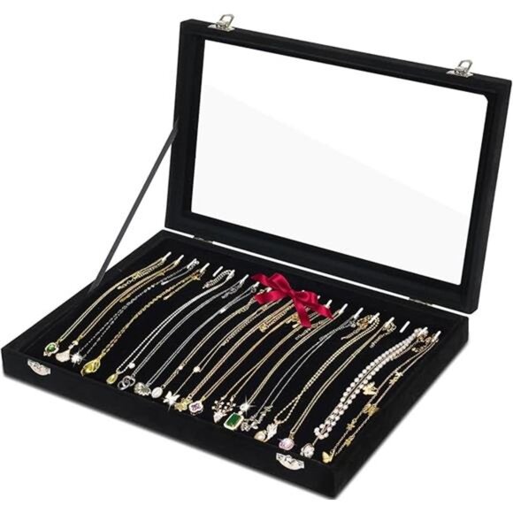 Necklace Organizer Jewelry Tray Velvet Display Box Dustproof Glass Lid Storage - Picture 7 of 7